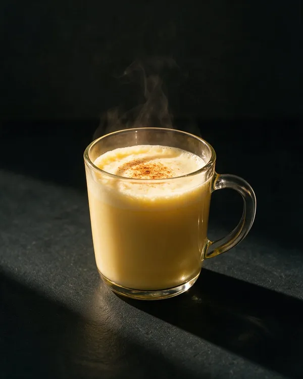 Ljusgul krämig äggtoddy i toddyglas med en nypa kanel på toppen