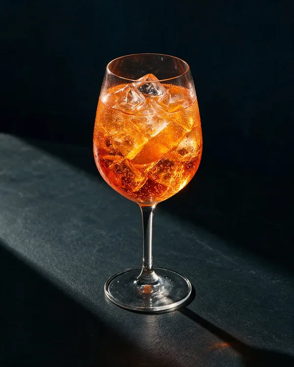 Orange alkoholfri Aperol Spritz i vinglas med is och apelsinskiva
