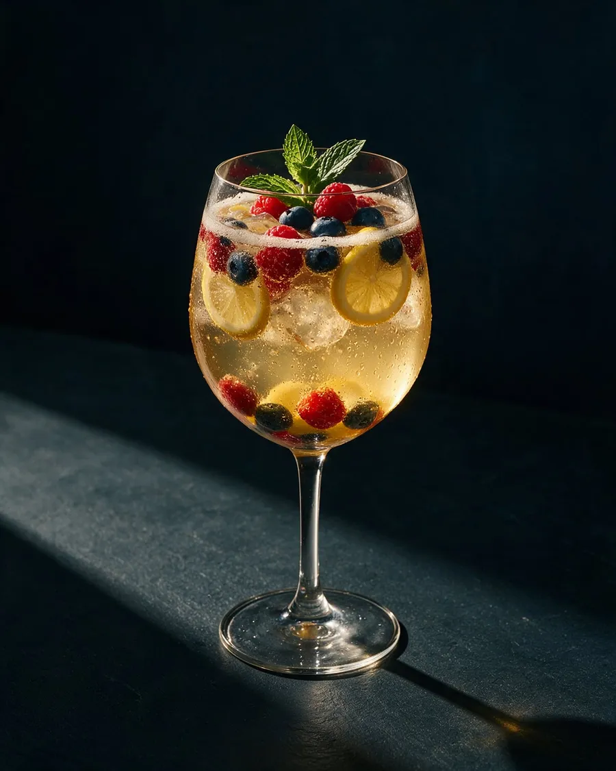 Stor glasskål med ljus alkoholfri bål fylld med hallon, blåbär, citronskivor och mynta