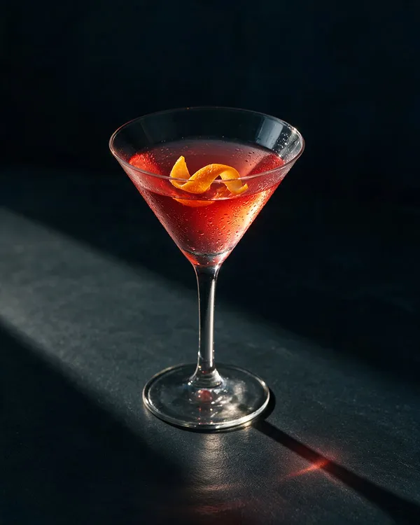 Rosa alkoholfri Cosmopolitan i martiniglas med ett apelsinzest