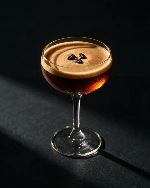 Alkoholfri espresso martini i coupeglas med skum och kaffebönor