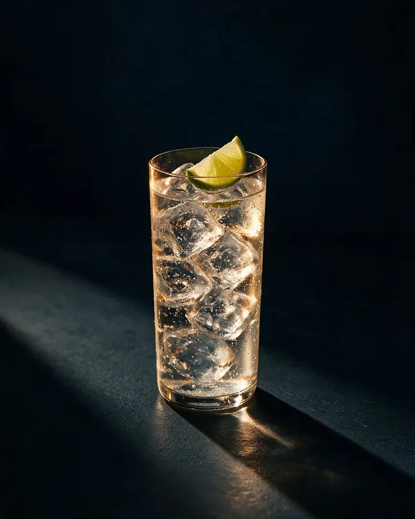 Klar alkoholfri gin och tonic i highballglas med mycket is och limeklyfta