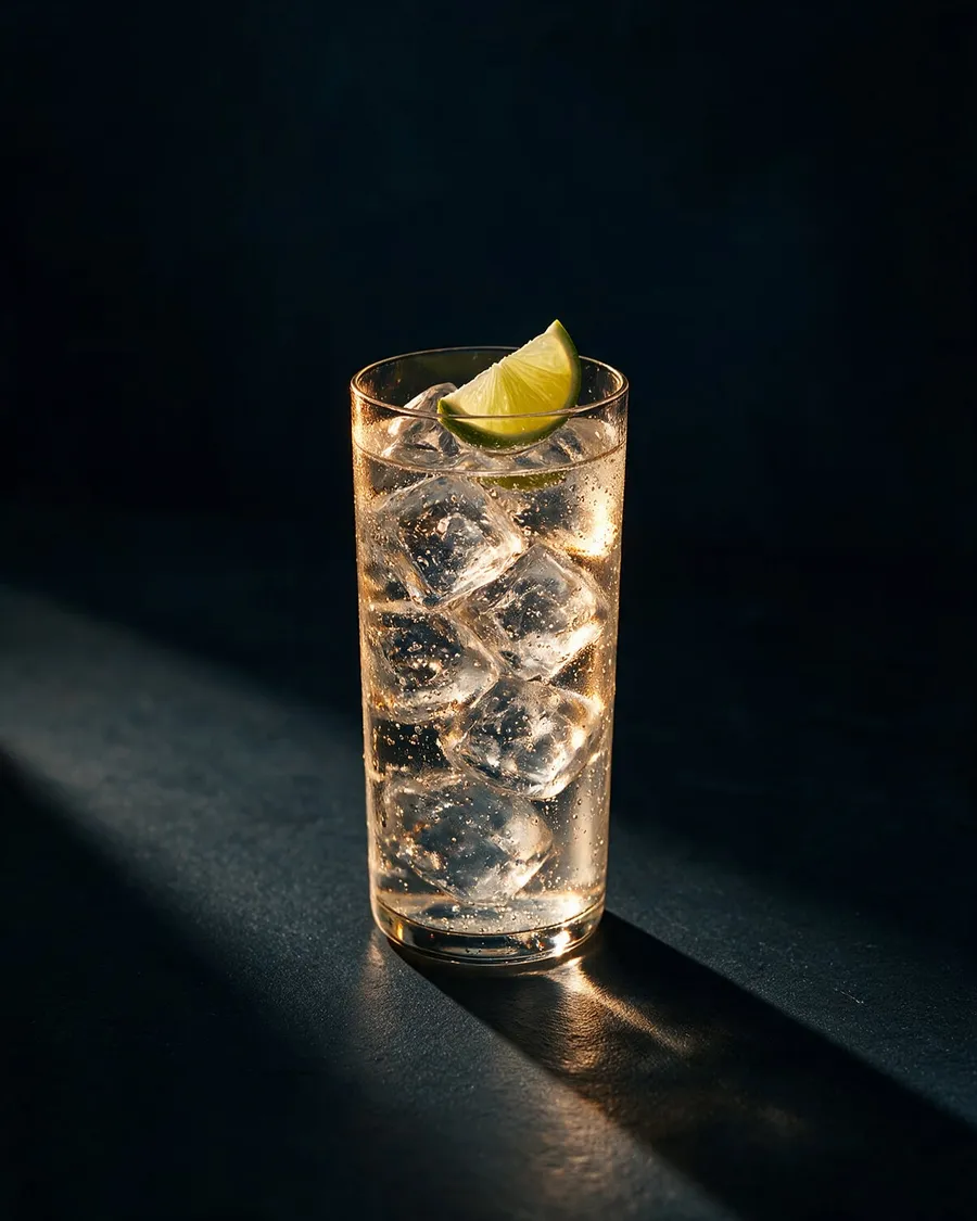 Klar alkoholfri gin och tonic i highballglas med mycket is och limeklyfta