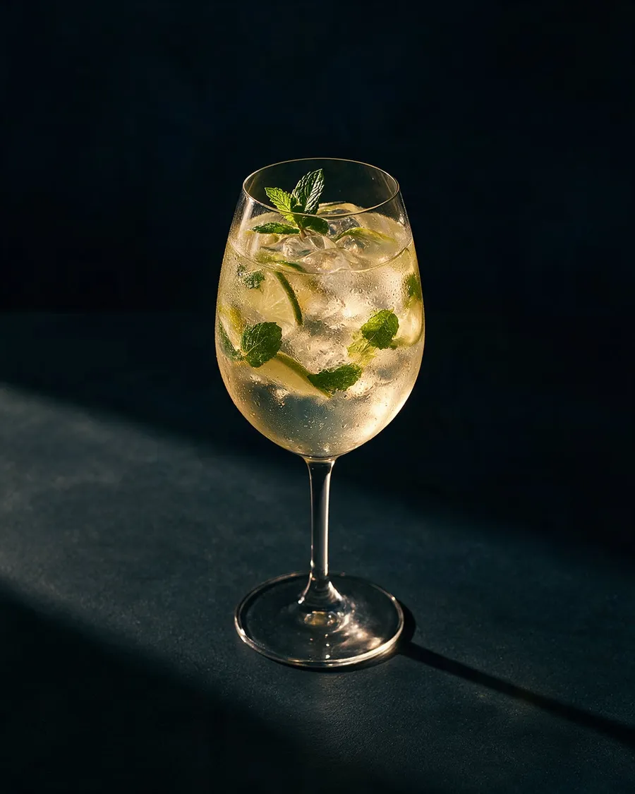 Alkoholfri hugo i vinglas med is, mynta och lime