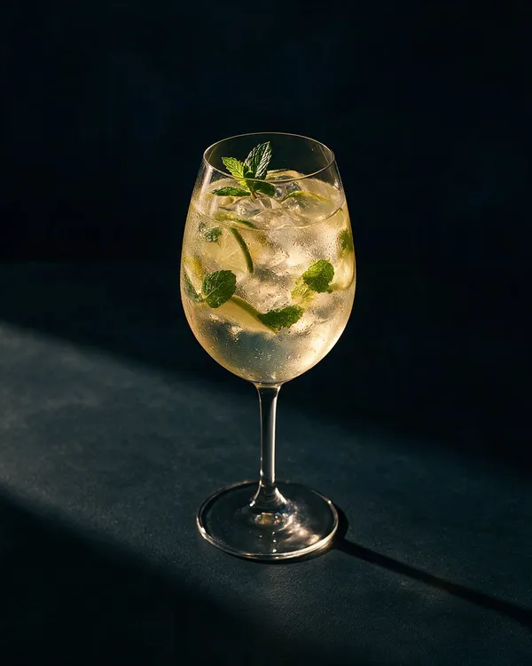 Alkoholfri hugo i vinglas med is, mynta och lime