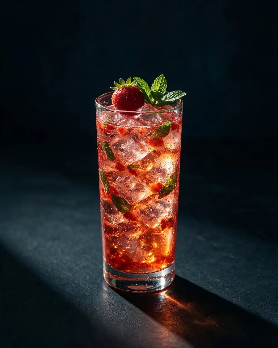 Rosa alkoholfri jordgubbsdrink i highballglas med krossad is, mynta och en jordgubbe