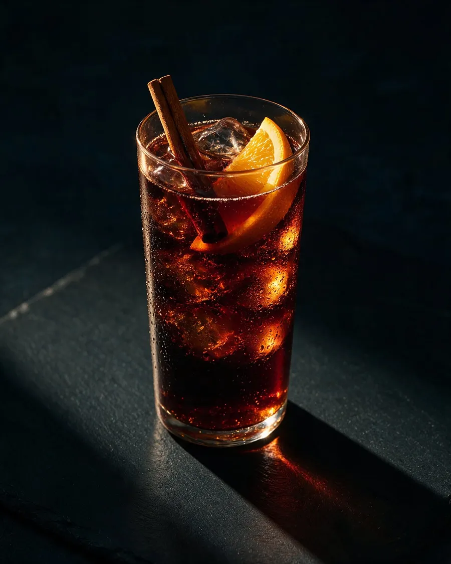 Mörk alkoholfri juldrink i highballglas med is, kanelstång och apelsinskiva