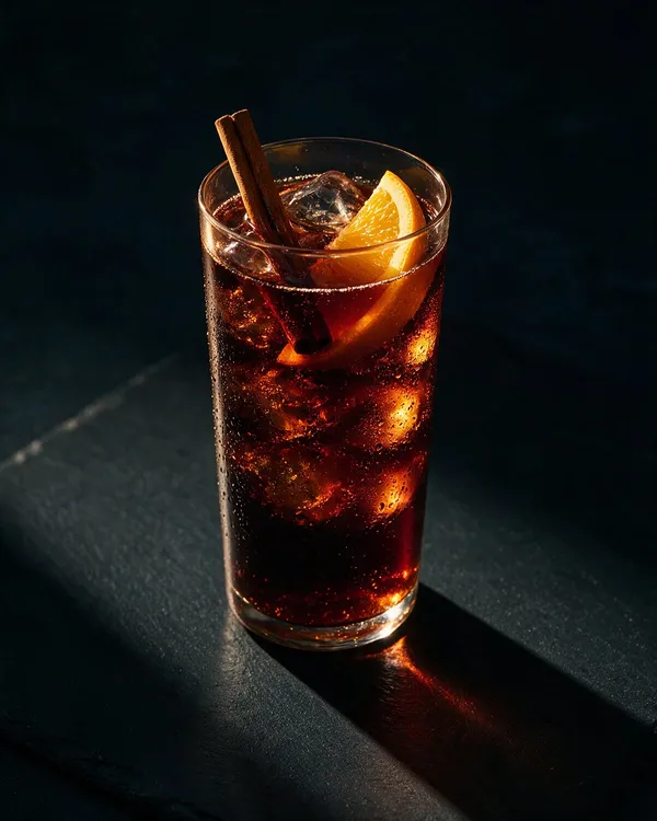 Mörk alkoholfri juldrink i highballglas med is, kanelstång och apelsinskiva