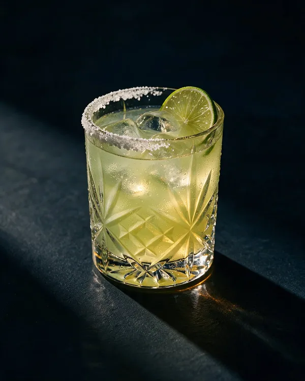 Ljus alkoholfri Margarita i rocksglas med saltkant, is och limeskiva