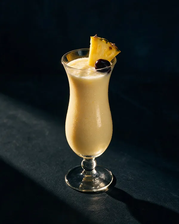 Krämig vit alkoholfri Piña Colada i hurricaneglas med ananasbit och körsbär