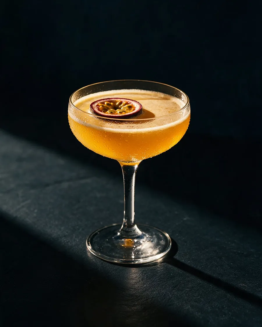 Gul alkoholfri Pornstar Martini i coupeglas med en halv passionsfrukt flytande ovanpå