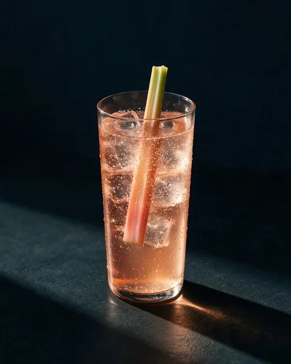 Rosa alkoholfri rabarberdrink i highballglas med is och en tunn rabarberstjälk