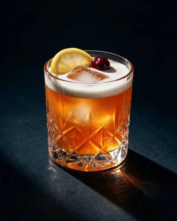 Bärnstensfärgad Amaretto Sour i rocksglas med vitt skum, citronskiva och rött bär