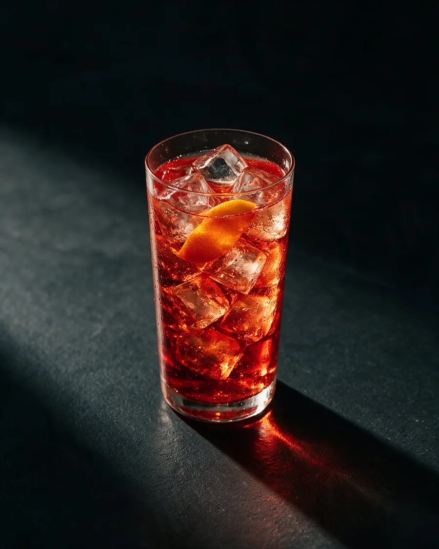 Röd Americano i highballglas med is, bubblor och en apelsinskiva
