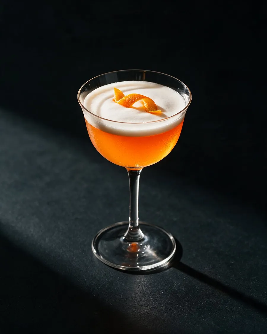 Orange Aperol Sour i coupeglas med tjockt vitt skum och ett apelsinzest