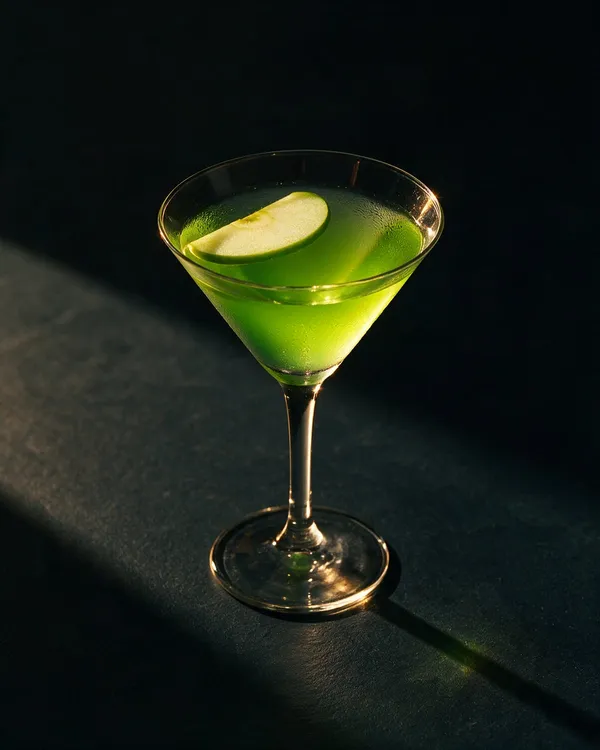 Grön Appletini i martiniglas med en tunn skiva grönt äpple på kanten