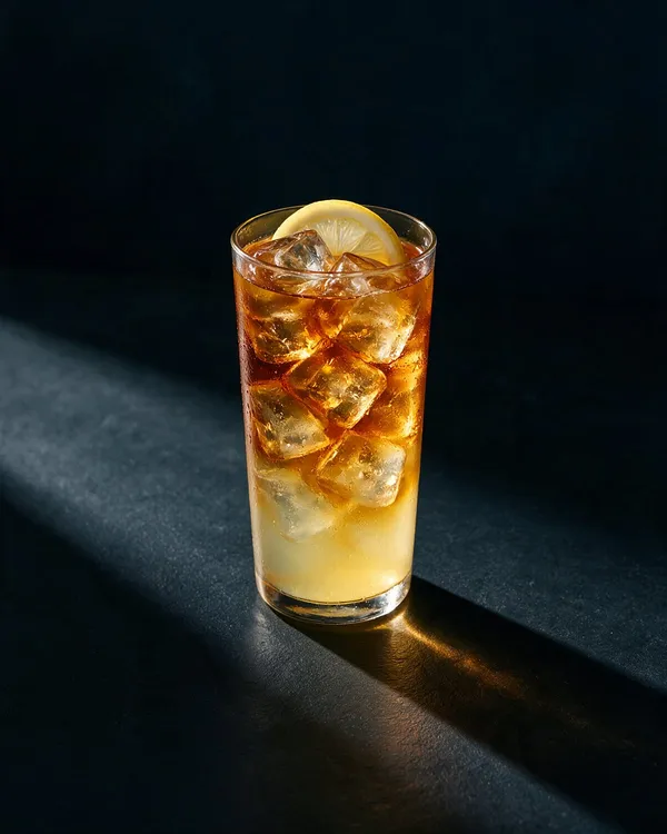 Bärnstensfärgad Arnold Palmer i highballglas med is och citronskiva