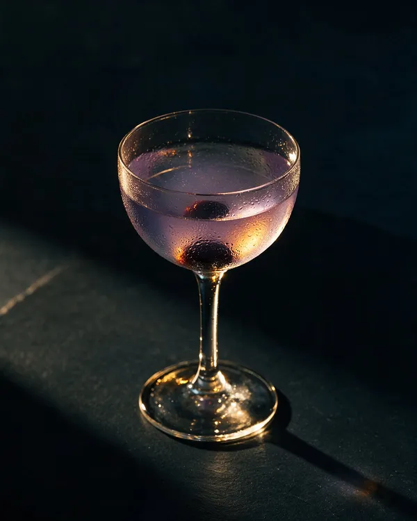 Blekviolett Aviation i coupeglas med ett mörkt cocktailbär i botten