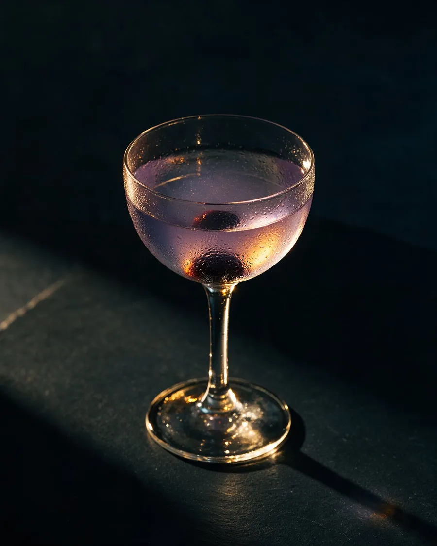 Blekviolett Aviation i coupeglas med ett mörkt cocktailbär i botten