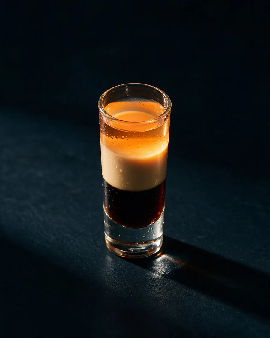 B52 shot i högt shotglas med tre skarpa lager i brunt, beige och bärnsten