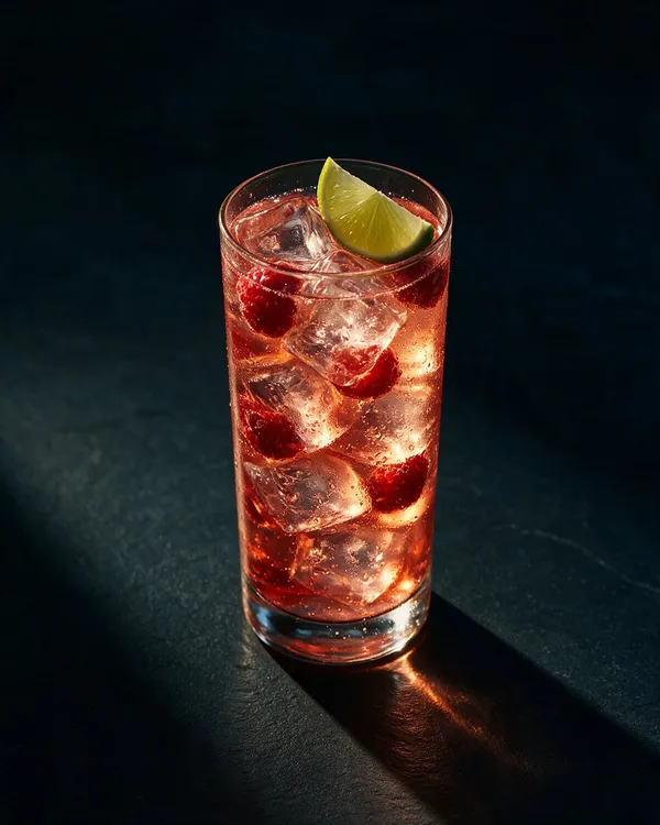 Ljusrosa Bacardi Razz Lemonad i highballglas med is, hallon och lime