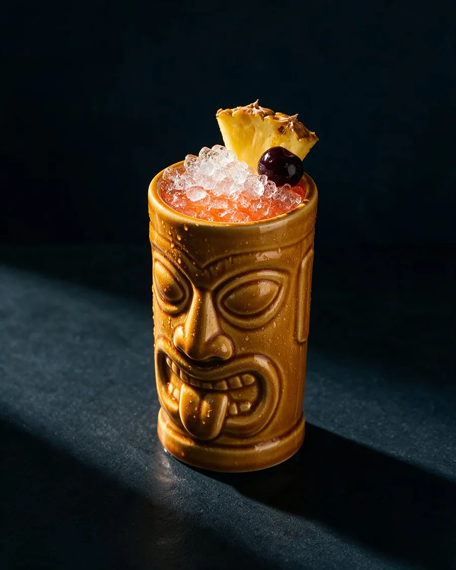 Rödorange Bahama Mama i tikimugg med krossad is, ananasbit och cocktailbär