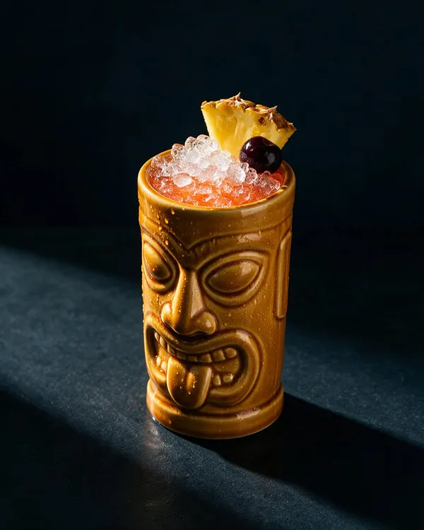 Rödorange Bahama Mama i tikimugg med krossad is, ananasbit och cocktailbär