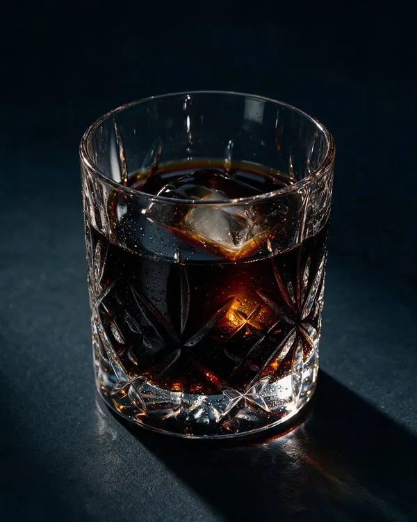 Mörkbrun Black Russian i rocksglas över en stor isbit