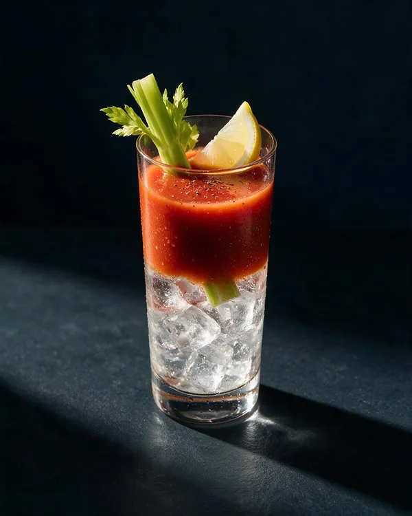 Röd Bloody Mary i highballglas med selleri och citron