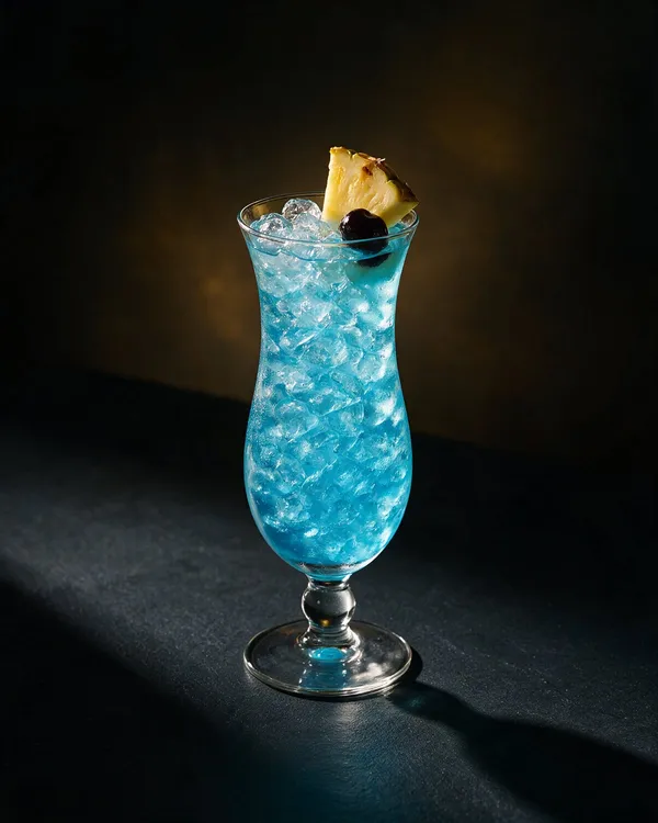 Knallblå Blue Hawaii i hurricaneglas med krossad is, ananasbit och körsbär