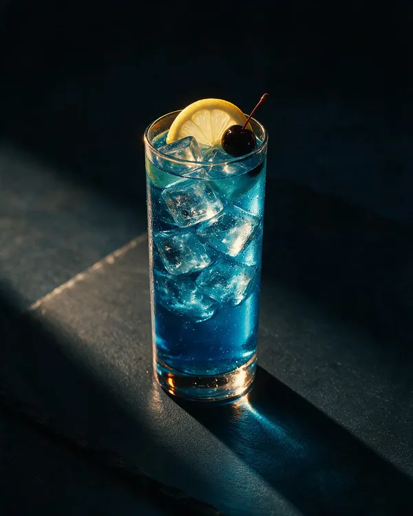 Klarblå Blue Lagoon i highballglas med is, citronskiva och ett rött cocktailbär