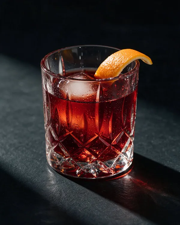 Djupröd Boulevardier i rocksglas över en stor isbit med ett vridet apelsinskal