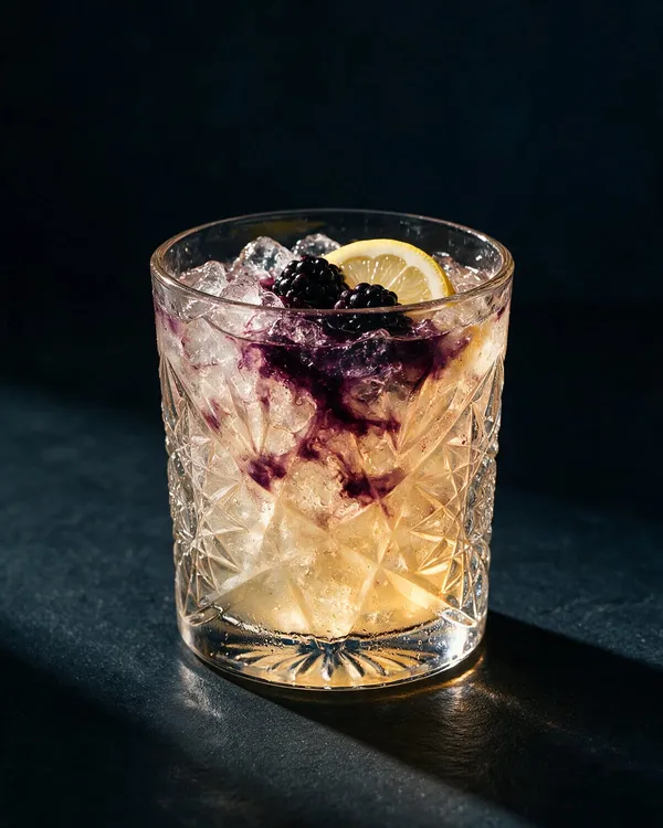 Bramble i rocksglas med krossad is där lila björnbärslikör rinner ner genom den gula drinken