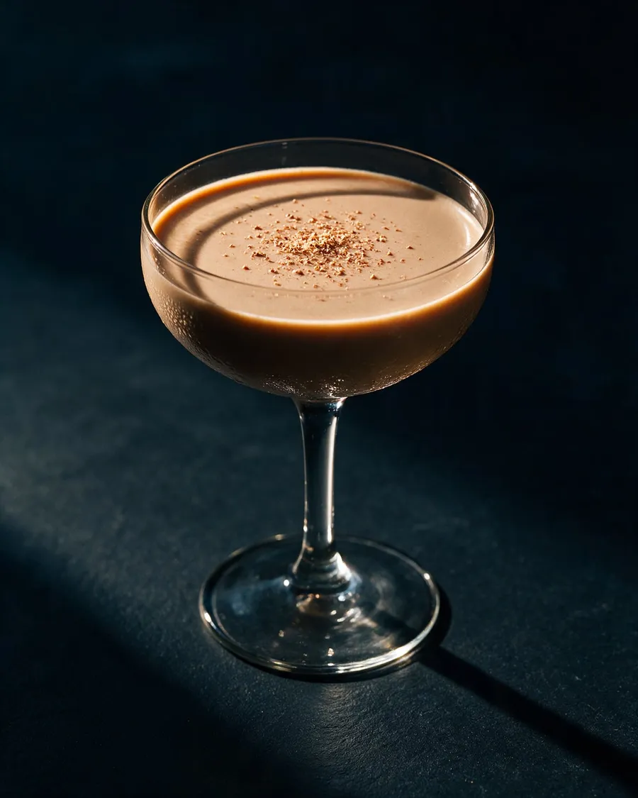 Ljusbrun krämig Brandy Alexander i coupeglas med riven muskot på toppen