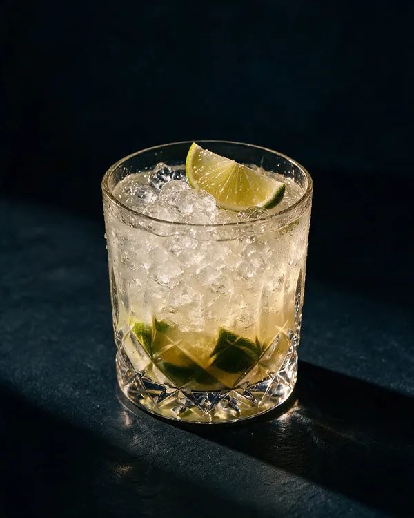 Caipirinha i rocksglas med mosade limeklyftor och krossad is