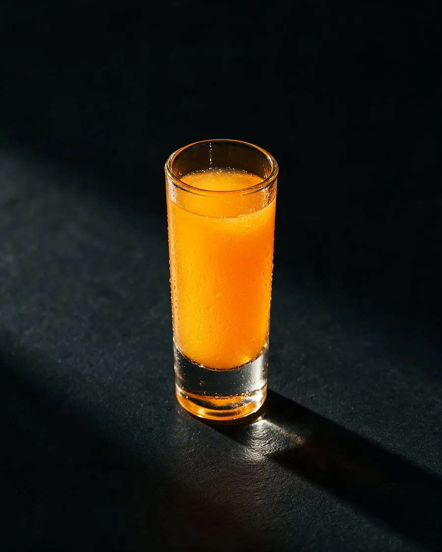 Orange Calippo shot i högt shotglas med små bubblor på en bardisk