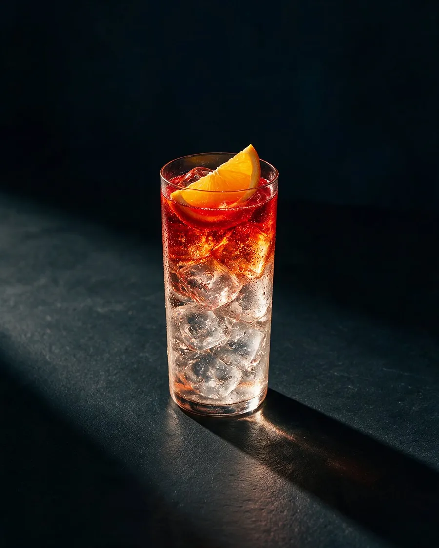 Klarröd Campari Soda i highballglas med is och en apelsinklyfta