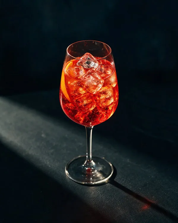 Djupröd Campari Spritz i stort vinglas med is, bubblor och apelsinskiva