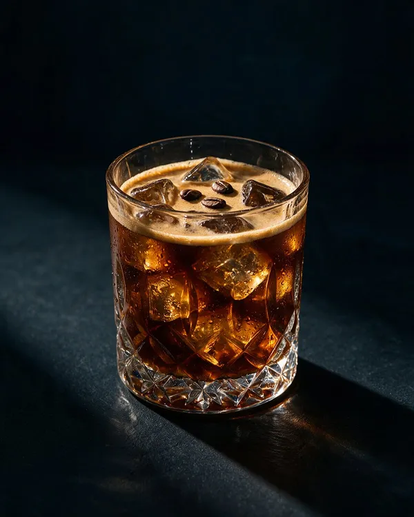 Carajillo i rocksglas med skum och kaffebönor