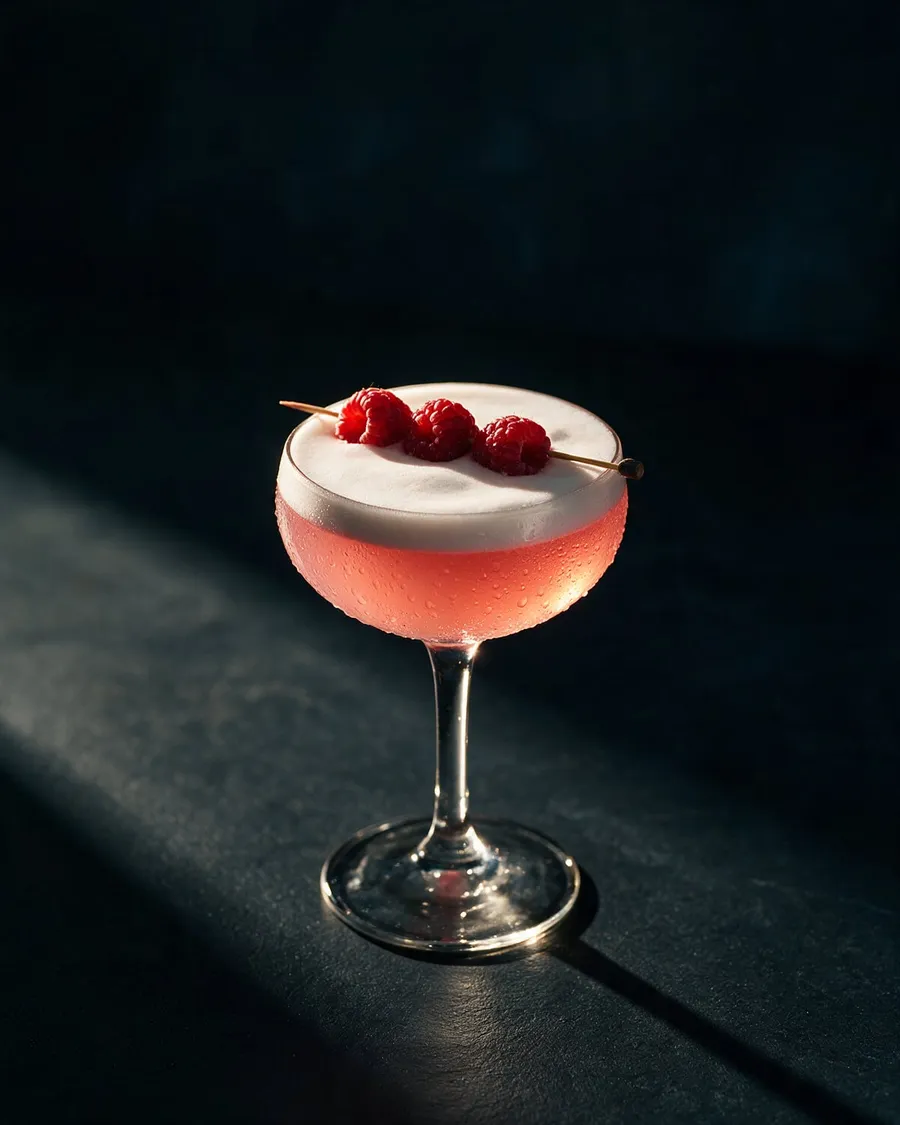 Ljusrosa Clover Club i coupeglas med tjockt vitt skum och tre färska hallon