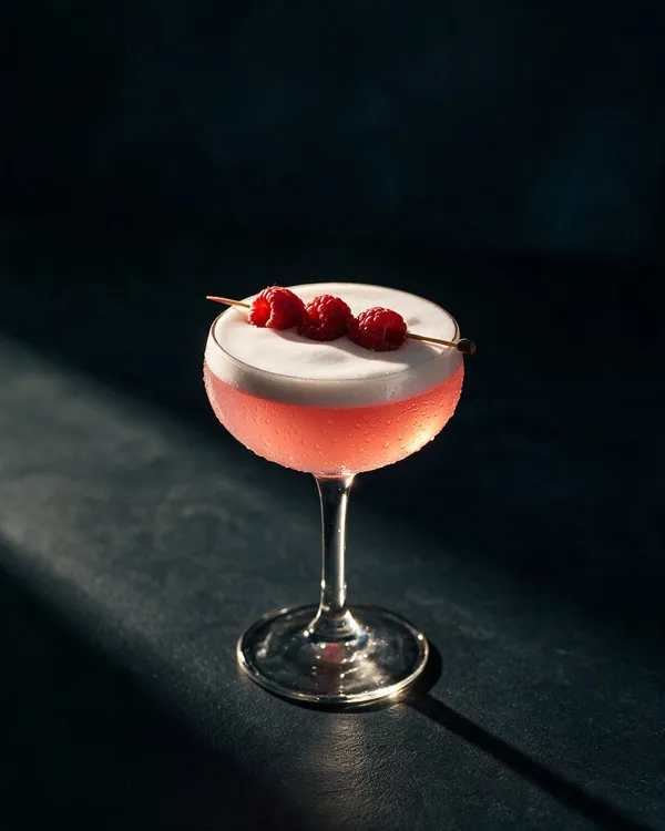 Ljusrosa Clover Club i coupeglas med tjockt vitt skum och tre färska hallon