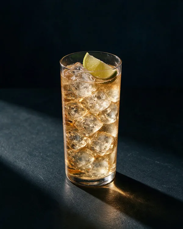 Gyllene cognac och ginger ale i highballglas med is, bubblor och limeklyfta