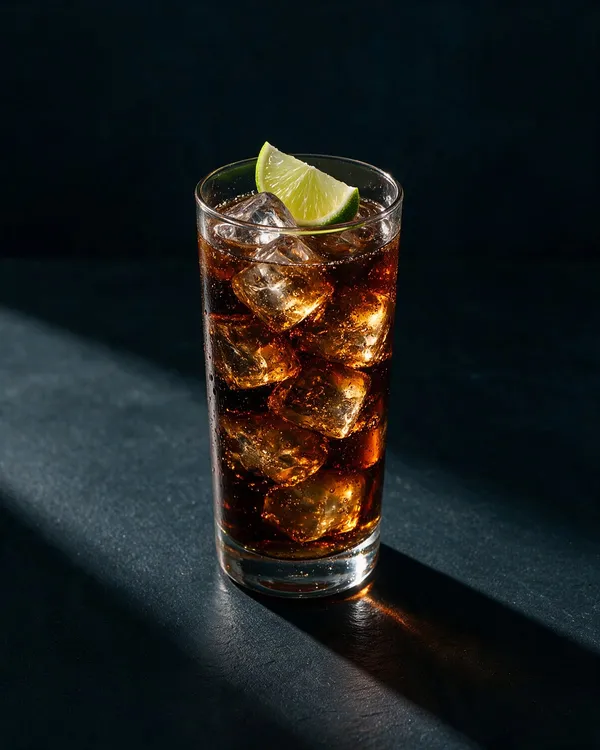 Mörk Cuba Libre i högt highballglas med is och en limeklyfta på kanten
