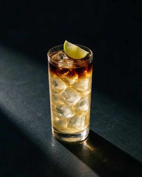 Dark 'n' Stormy i highballglas med mörk rom som flyter ovanpå ginger beer