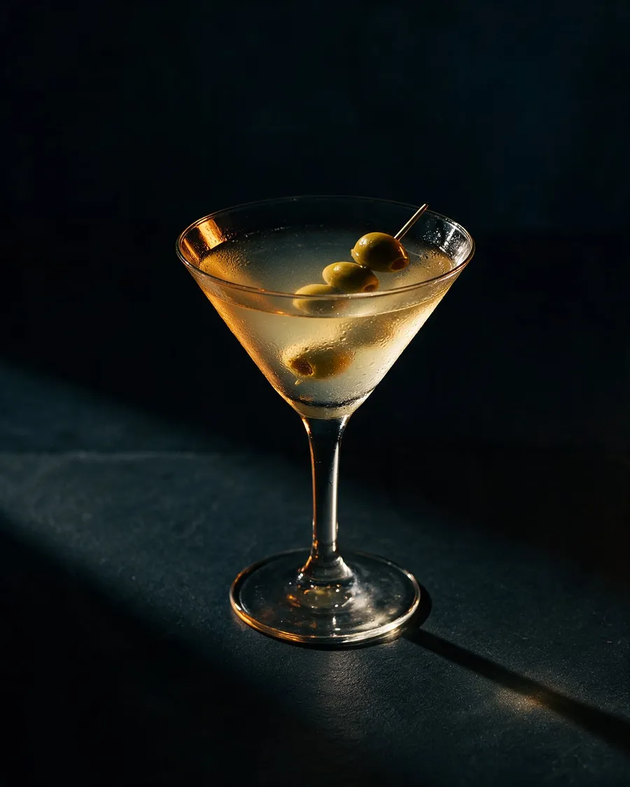 Lätt grumlig Dirty Martini i immigt martiniglas med tre gröna oliver på en pinne