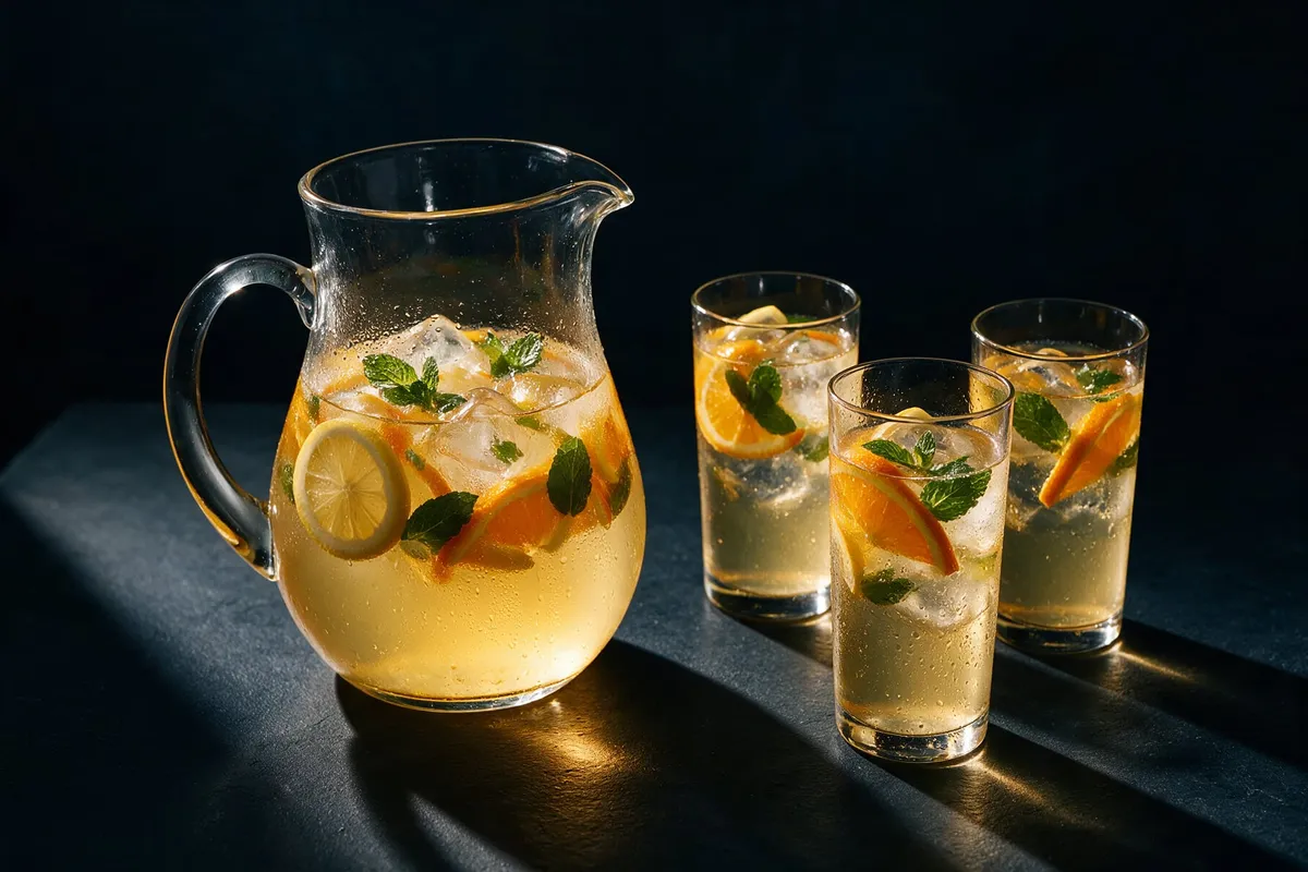 Stor kanna med drink, is och citrus på ett festbord
