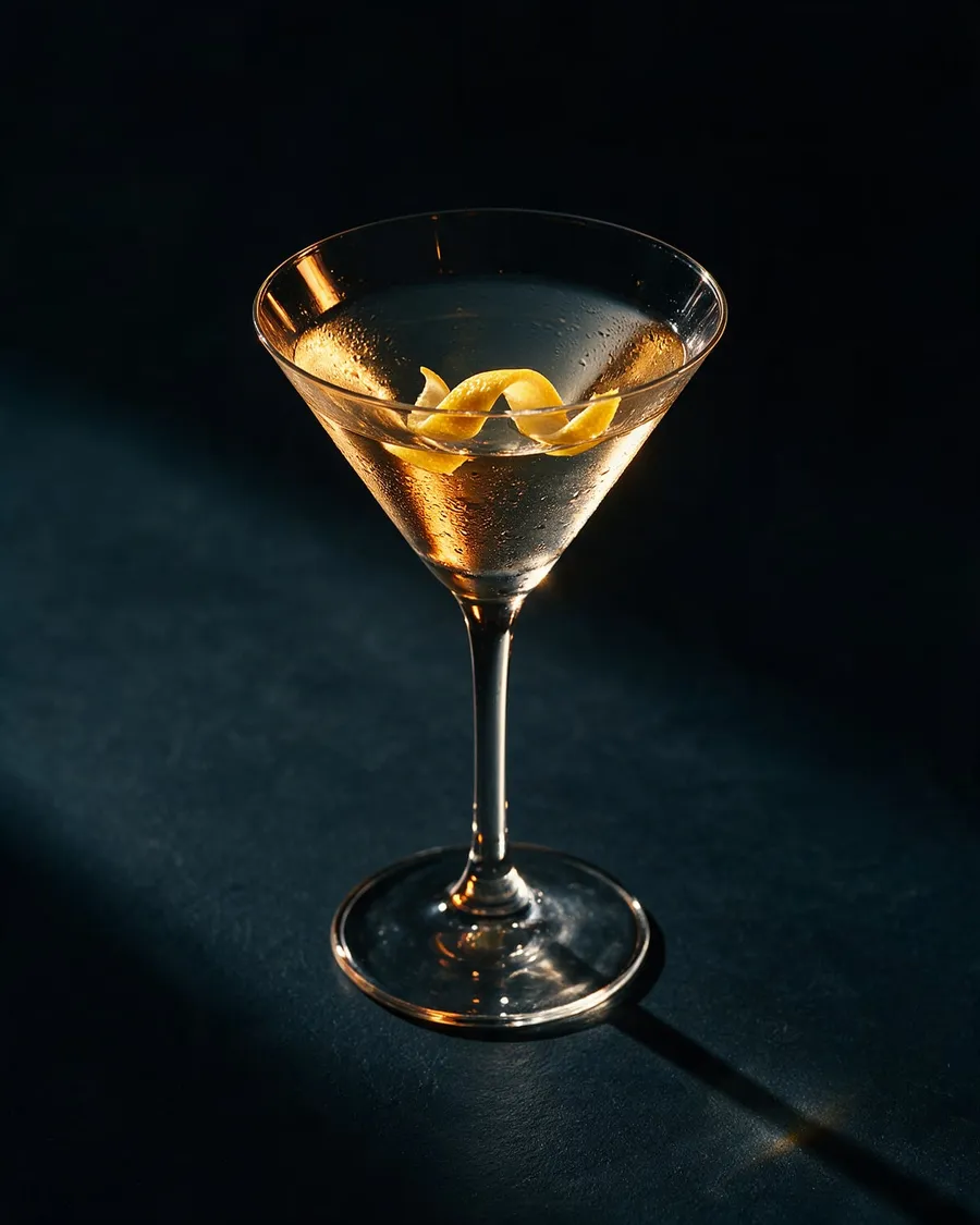 Kristallklar Dry Martini i immigt martiniglas med ett citronzest