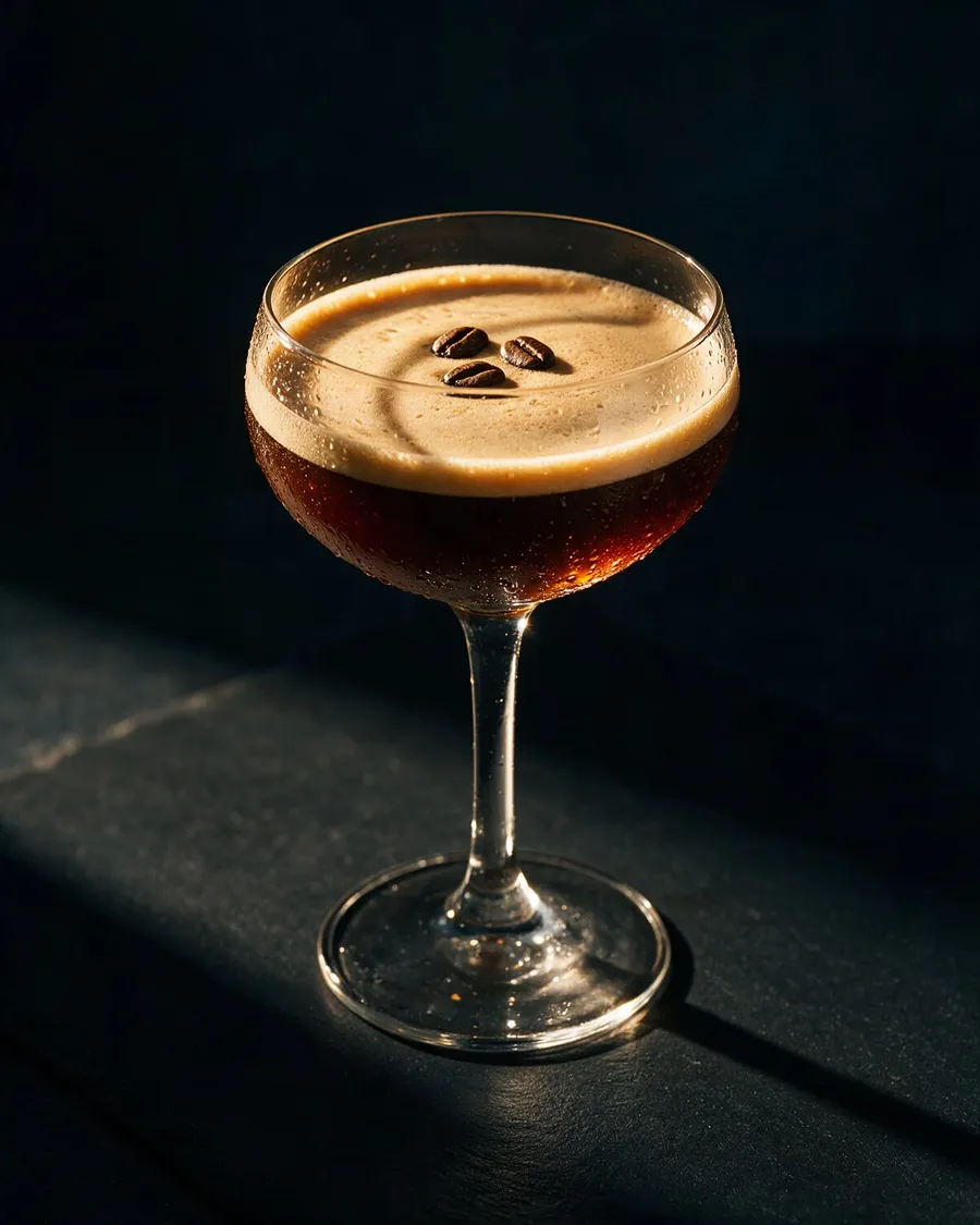 Mörk Espresso Martini i coupeglas med ljusbrunt skum och tre kaffebönor
