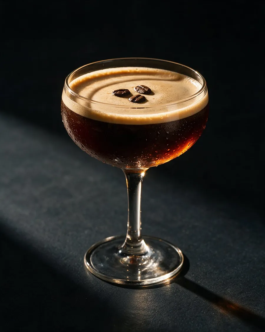 Espresso Martini i coupeglas med krämigt skum och tre kaffebönor