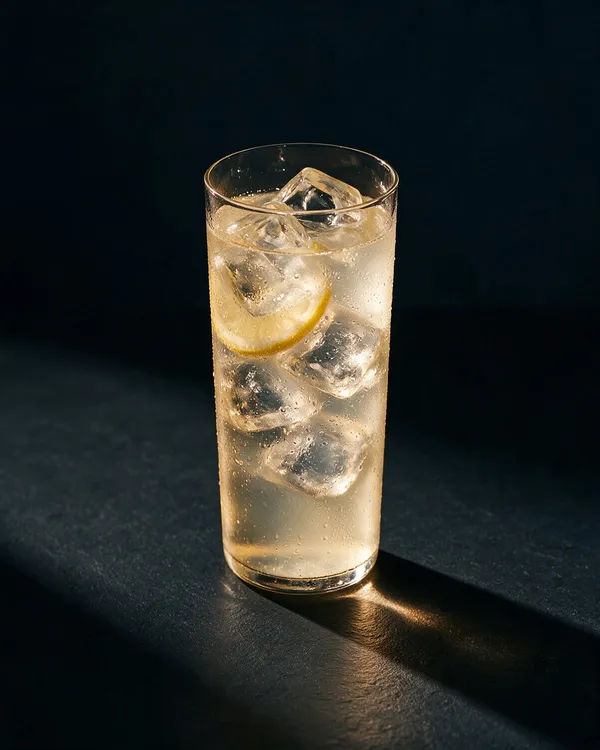 Blekgul Fläder Collins i högt collinsglas med is, citronskiva och bubblor
